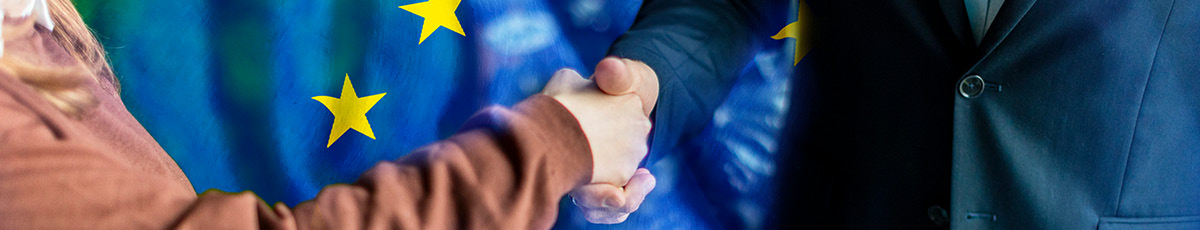 Handschlag vor einer EU-Flagge